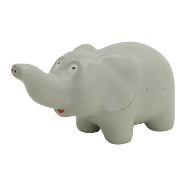 The Promotional Stress Toy Elephant is a small, gray stress toy with a long trunk, big ears, and wide eyes. Ideal for promotional events, this whimsical figurine stands on a white background.