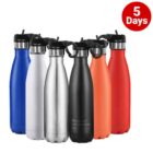 Seven colorful water bottles with black lids, arranged in a row, 5 Days in red circle.