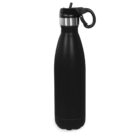 Black stainless steel water bottle with a screw cap and handle, isolated on a white background.
