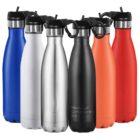 Six reusable water bottles in blue, white, silver, black, orange, and red, all with black lids.