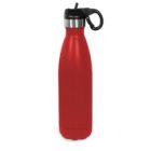 Red reusable water bottle with a black flip-top lid and carrying handle.