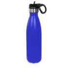 A blue water bottle with a black lid and silver band, standing upright.