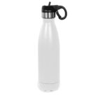 White insulated water bottle with a black screw cap and a carrying handle.