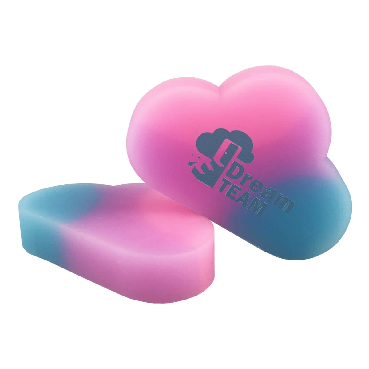Two heart-shaped stress balls with a pink to blue gradient. One has Dream TEAM printed on it.
