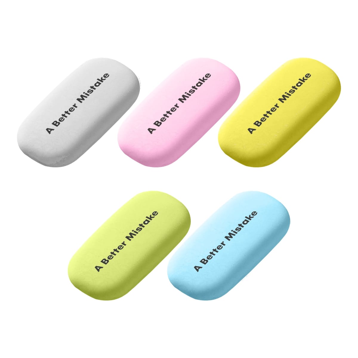Five oval erasers in different colors (white, pink, yellow, light green, and blue) arranged in two rows. Each eraser has the phrase A Better Mistake printed on it.