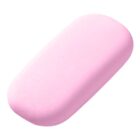 A pink eraser with a smooth, rounded rectangular shape.