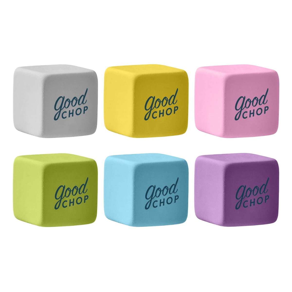 Six cubes with Good Chop written on them in various colors: gray, yellow, pink, green, blue, and purple.
