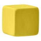 A smooth, yellow foam cube with slightly rounded edges and corners, set against a plain white background.