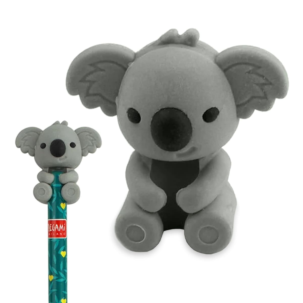 A cute gray koala eraser sits atop a pencil. The koala has large ears, a round nose, and a friendly expression. The pencil is decorated with green leaves and yellow heart shapes.