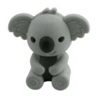 A cute, gray, cartoon-style koala figurine sitting with its legs forward and arms resting on its belly. The koala has large ears, a big black nose, and simple black dot eyes. The overall design is minimalist and playful.