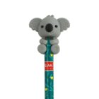 A pencil with a decorative eraser shaped like a gray koala. The pencil is teal with small yellow heart patterns and has a red label.