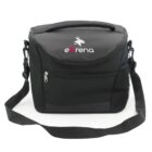 A black shoulder bag featuring the eArena logo. The bag has a top handle, an adjustable shoulder strap, a front zippered pocket, and mesh side pockets.