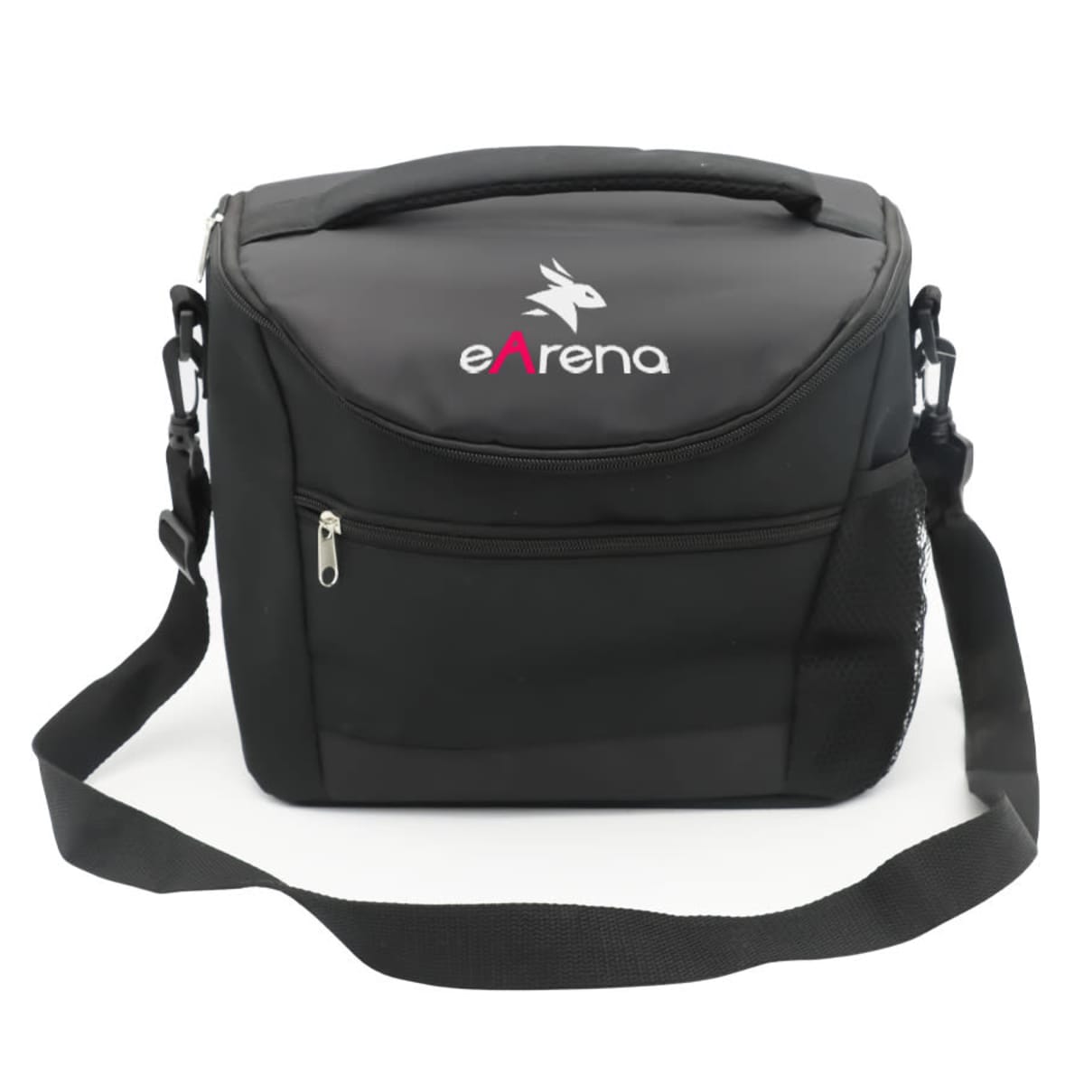 A black shoulder bag featuring the eArena logo. The bag has a top handle, an adjustable shoulder strap, a front zippered pocket, and mesh side pockets.