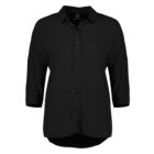 Black button-up shirt with a collar and three-quarter sleeves, displayed against a white background. The shirt has a slightly curved hem.