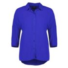 A bright blue, long-sleeve button-up shirt with a collar and a slightly rounded hem.