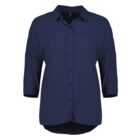Navy blue, three-quarter sleeve blouse with a button-down front and a collared neckline. The fabric appears lightweight and flowy, giving the shirt a casual yet polished look.