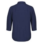 A navy blue, long-sleeved button-up shirt shown from the back. The shirt features a collar, slightly dropped shoulder seams, and a straight hem. The fabric appears smooth and lightweight.