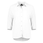 White button-up shirt with three-quarter sleeves and a collar, displayed against a plain background. The shirt has a loose fit and a slightly rounded hem.