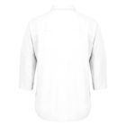 White long-sleeve button-up shirt shown from the back, highlighting its collar, straight seams, and slightly curved hem.