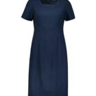 A navy blue, short-sleeved dress with a knee-length hem and a zippered back. The dress has a simple, tailored design with a round neckline, creating a classic and elegant appearance.