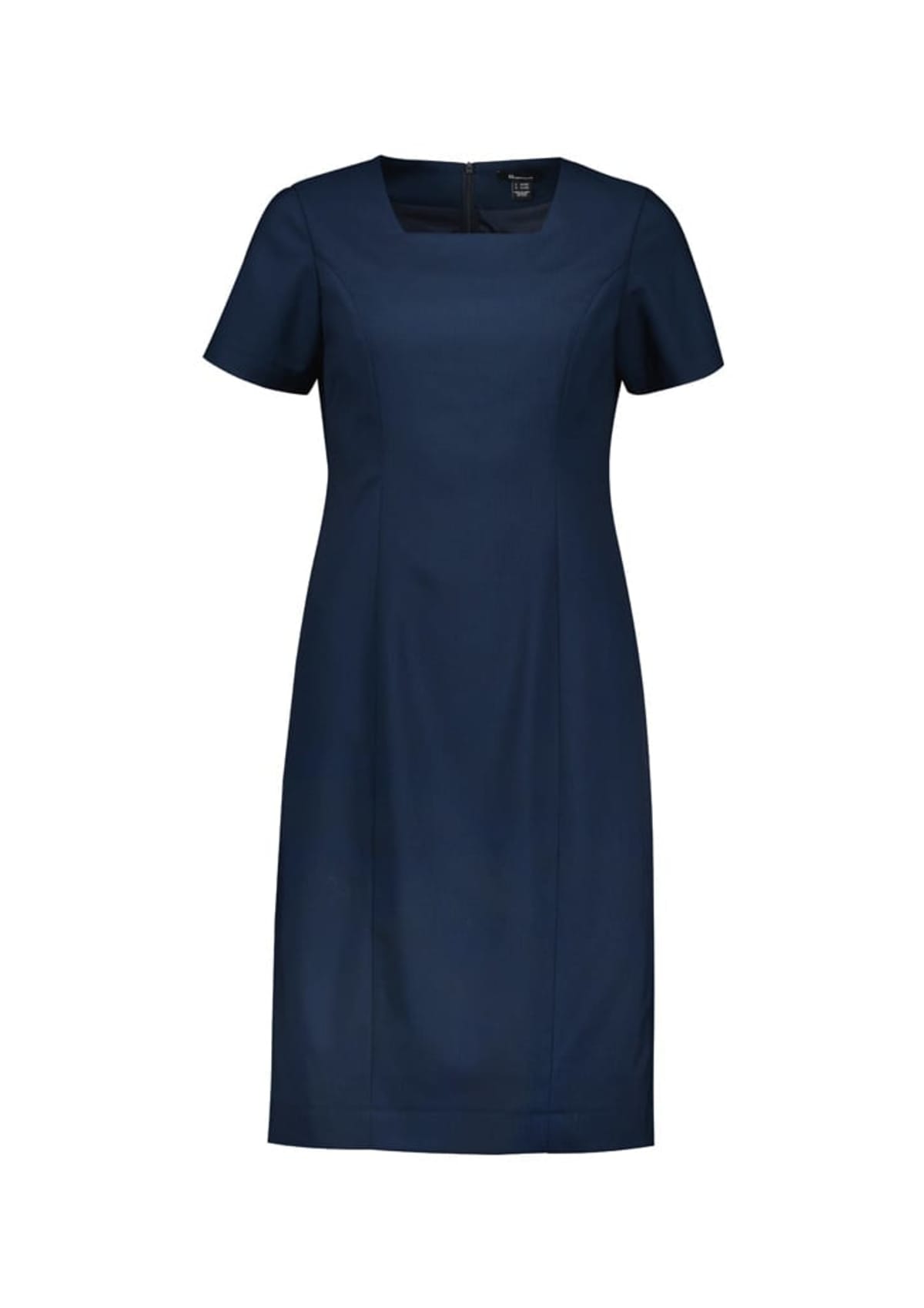 A navy blue, short-sleeved dress with a knee-length hem and a zippered back. The dress has a simple, tailored design with a round neckline, creating a classic and elegant appearance.