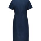 A navy blue short-sleeved dress viewed from the back, featuring a simple, sleek design with a zipper running down the center. The dress has a knee-length hem and appears to be made of a smooth fabric.