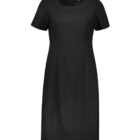 A simple, short-sleeved black dress with a straight cut and a knee-length design. The dress has a round neckline and a back zipper closure, shown on a white background.