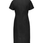 Back view of a simple black short-sleeved dress. The dress has a straight silhouette and falls to knee length, featuring a subtle seam running down the center.