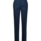 A pair of navy blue dress pants with a tailored fit and crease down the front of each leg. The trousers have belt loops and are displayed on a plain white background.