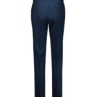 Rear view of navy blue tailored trousers, featuring belt loops and back pockets, displayed on a white background.