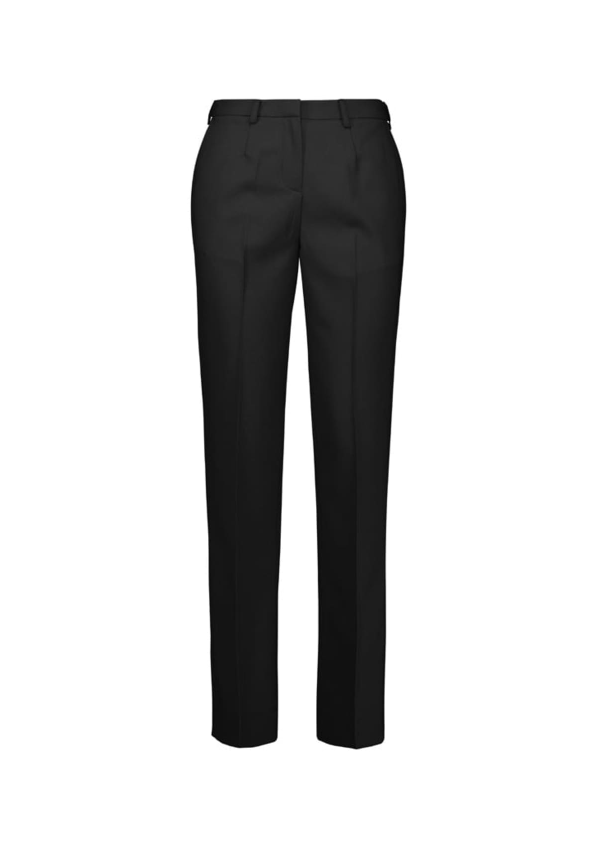 A pair of black tailored dress pants with a flat front, belt loops, and two front pockets. The pants have a straight-leg design and are shown against a white background.