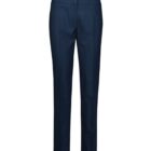 A pair of straight-legged, dark blue pants is shown against a plain white background. The pants have a front zipper closure and belt loops.