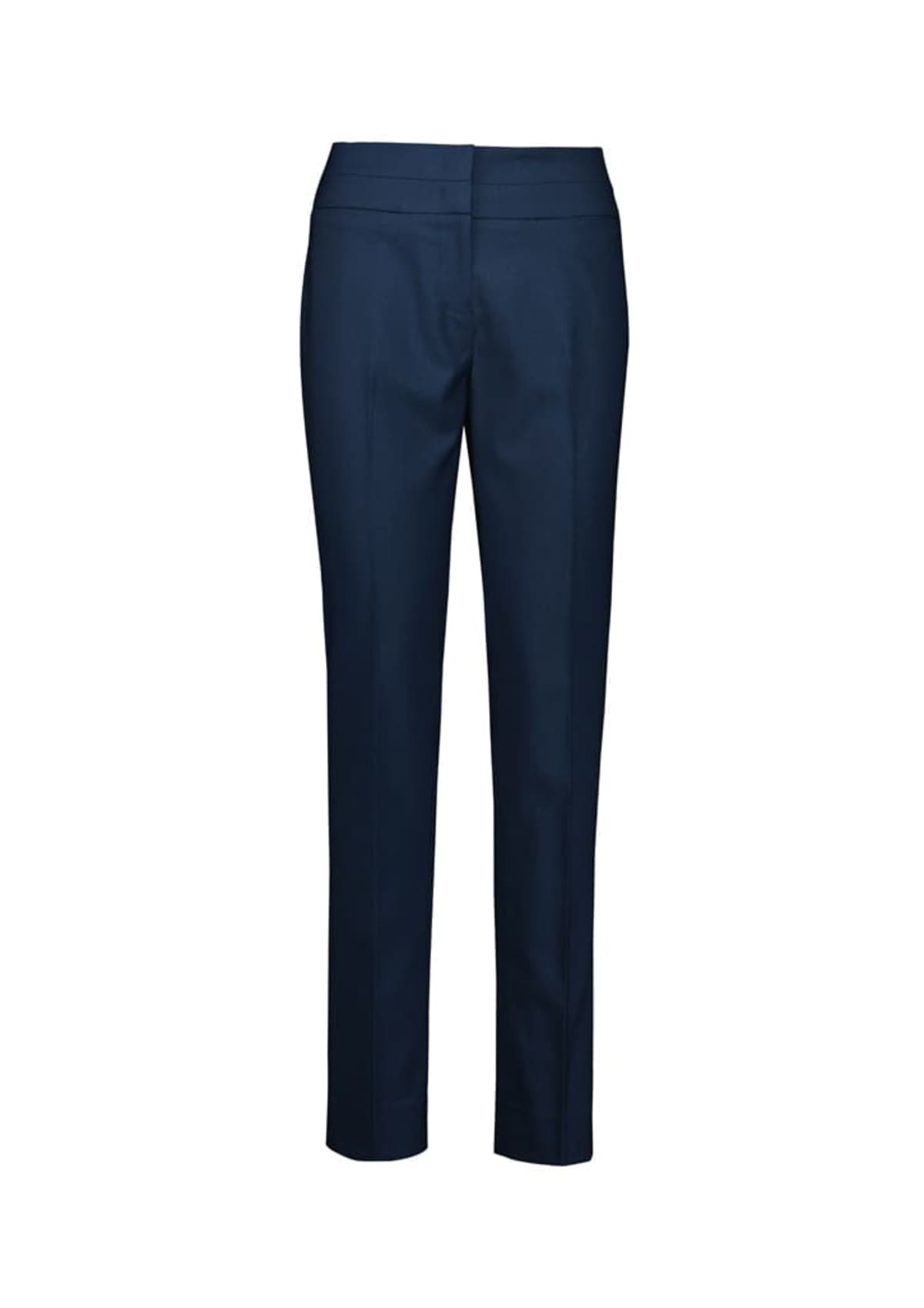 A pair of straight-legged, dark blue pants is shown against a plain white background. The pants have a front zipper closure and belt loops.