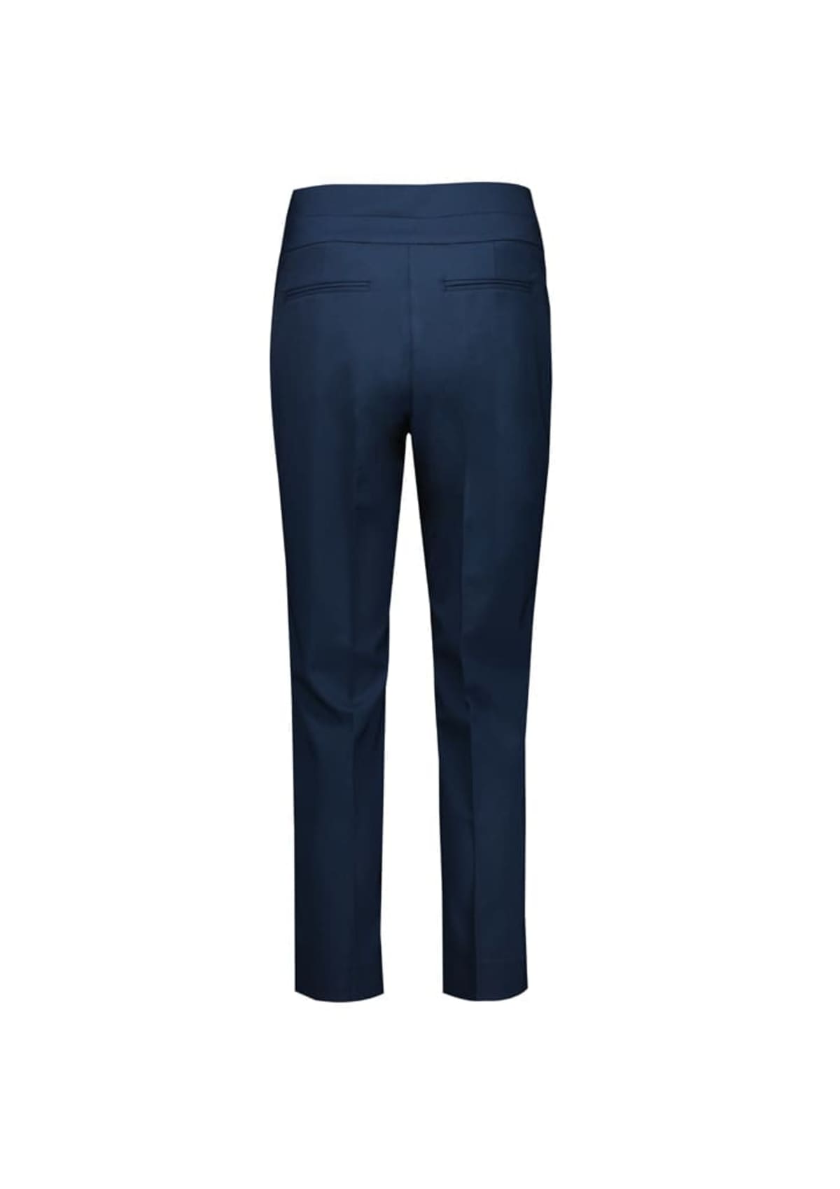 Back view of navy blue tailored trousers with straight legs. The trousers feature two discreet back pockets and a high waist, designed for a sleek and polished look against a plain white background.