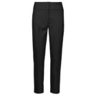 A pair of black dress pants displayed against a white background. The pants are sleek with a straight-cut design, featuring a fitted waist and a tailored look.
