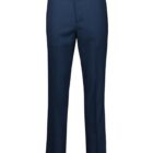 Dark blue dress pants hanging against a white background, featuring a straight-leg cut and a waistband with belt loops.