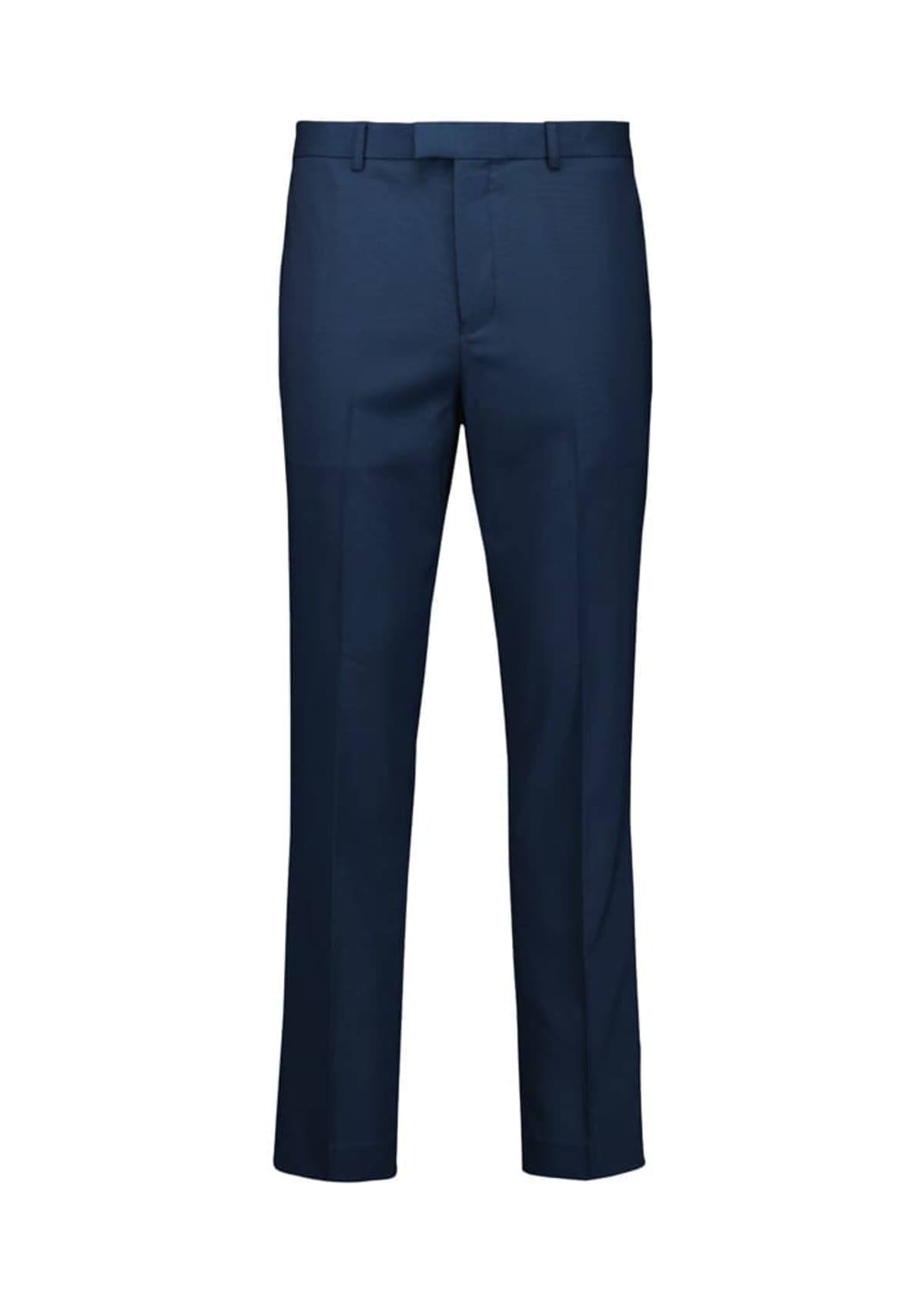 Dark blue dress pants hanging against a white background, featuring a straight-leg cut and a waistband with belt loops.