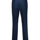 Back view of a pair of dark blue dress pants with belt loops, two buttoned back pockets, and tailored seams, displayed against a white background.