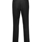 Back view of a pair of black dress pants with belt loops and two buttoned rear pockets, isolated on a white background.