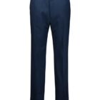 A pair of formal navy blue trousers displayed on a white background. The trousers have a classic fit with a flat front and side pockets, featuring belt loops at the waist.