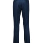 A pair of dark blue dress pants is displayed, shown from the back. The pants feature belt loops, welt pockets with buttons, and a tailored fit, suitable for formal or business attire. The fabric has a subtle sheen.
