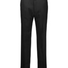 Black formal trousers displayed against a white background, featuring belt loops and a straight-leg design.