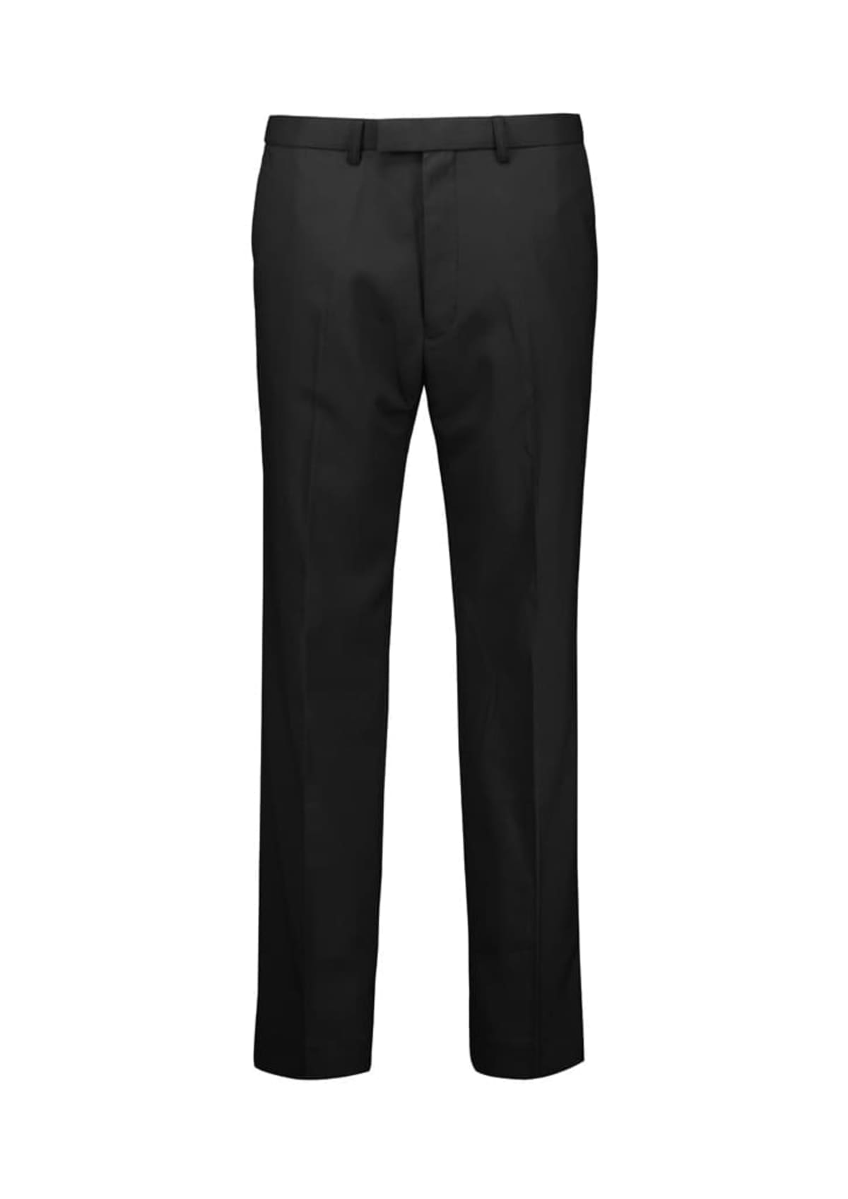 Black formal trousers displayed against a white background, featuring belt loops and a straight-leg design.