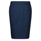 A navy blue pencil skirt with a waistband and subtle pleating at the front. The skirt is knee-length and has a tailored fit, with a classic and professional appearance.