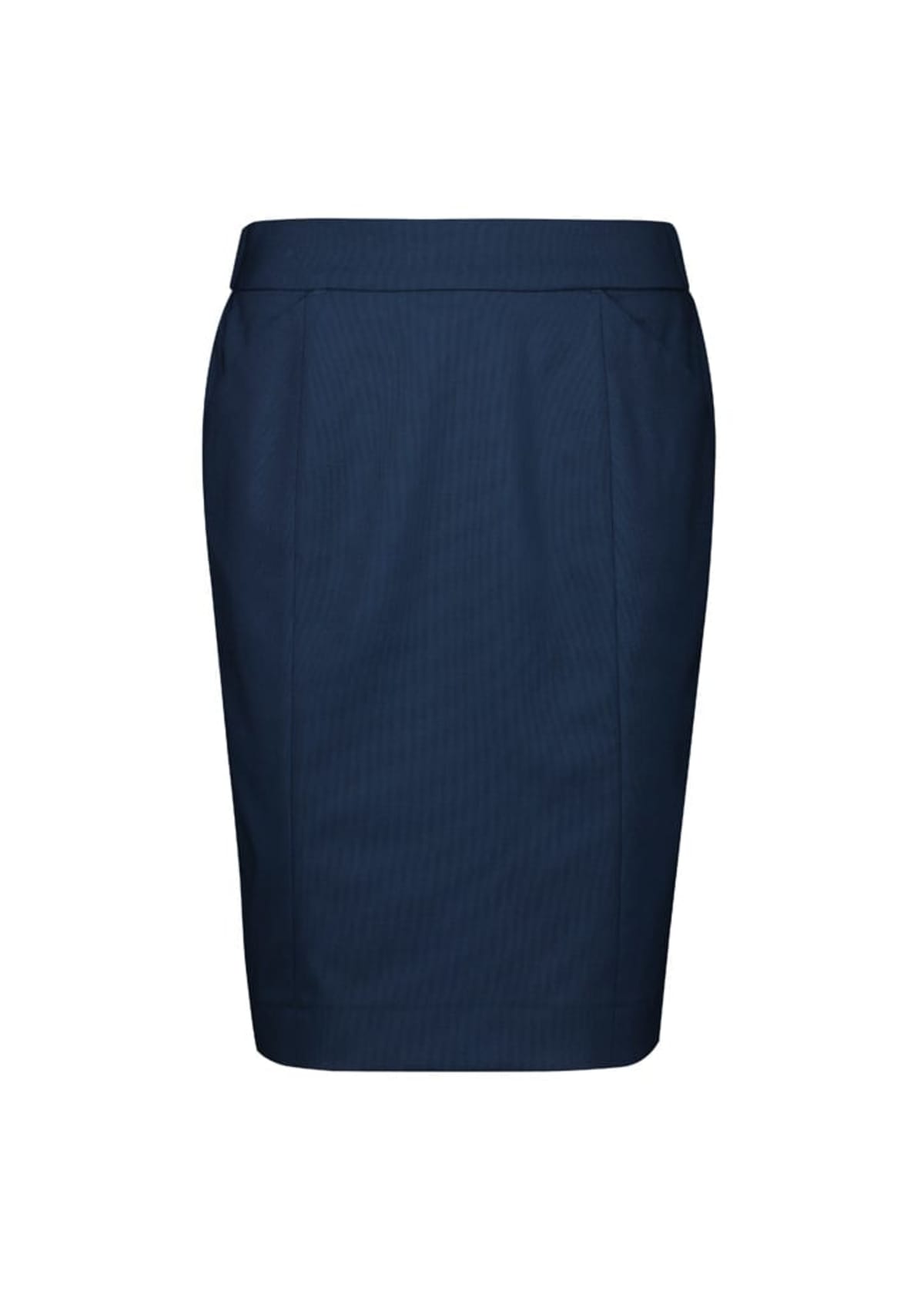 A navy blue pencil skirt with a waistband and subtle pleating at the front. The skirt is knee-length and has a tailored fit, with a classic and professional appearance.