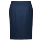 A navy blue pencil skirt with a front slit and an elastic waistband is displayed against a plain white background.