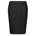 A black pencil skirt with a high waist and subtle vertical stitching, set against a white background. The skirt has a tailored design and a knee-length cut, creating a sleek and professional appearance.