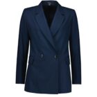 A navy blue double-breasted blazer with two buttons and long sleeves. The blazer features a notched lapel and two front flap pockets.