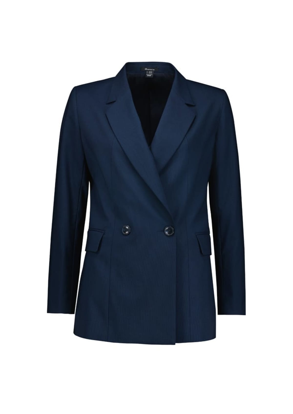 A navy blue double-breasted blazer with two buttons and long sleeves. The blazer features a notched lapel and two front flap pockets.
