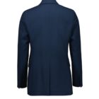 Back view of a dark blue tailored jacket on a plain white background. The jacket features a notched collar, long sleeves with button detailing, and a central back vent, showcasing a classic and formal style.